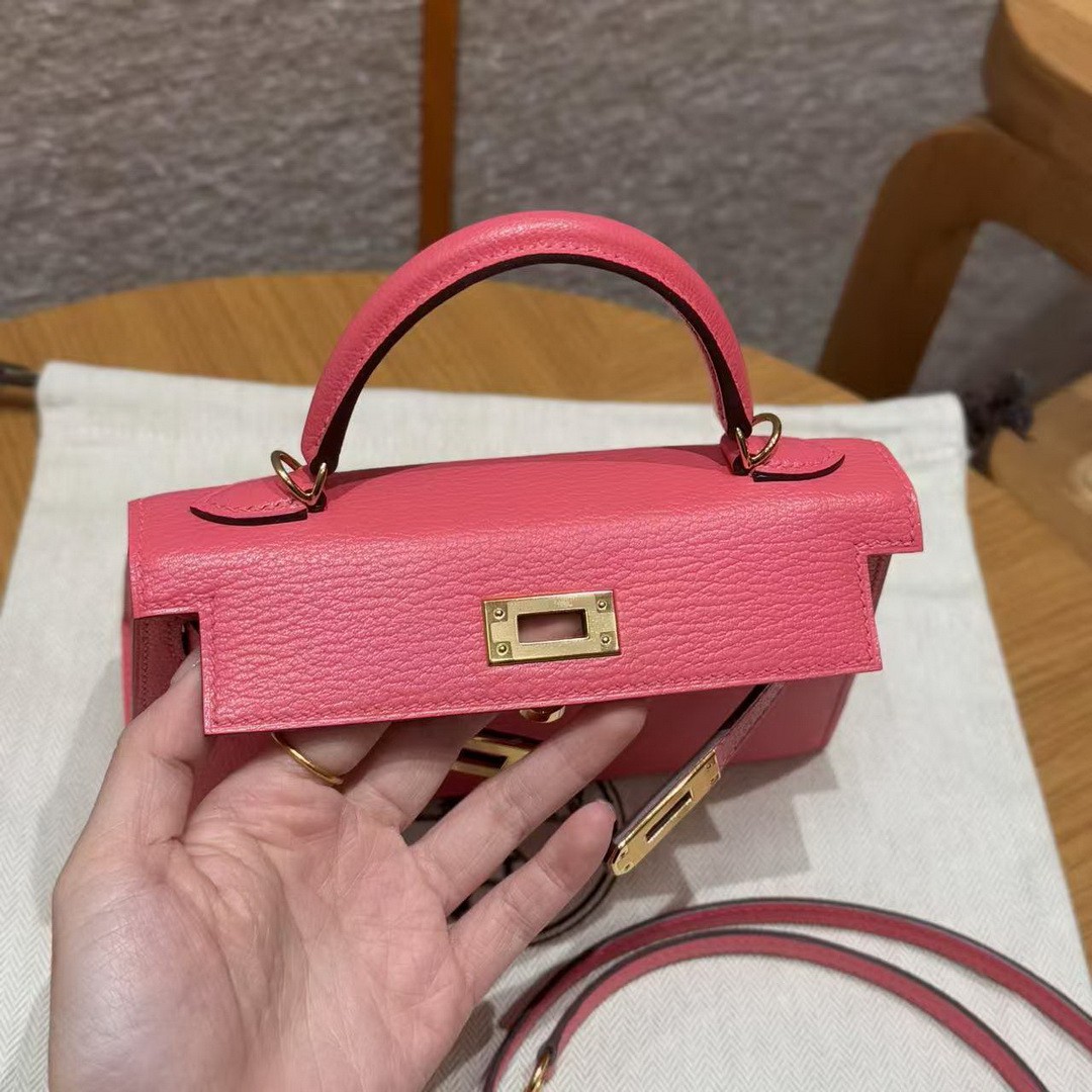 Hermes Kelly Mini 2 19 CM Bag Handmade In Chèvre Calfskin Leather Gold Hardware U5 Rose Lipstick - Image 5