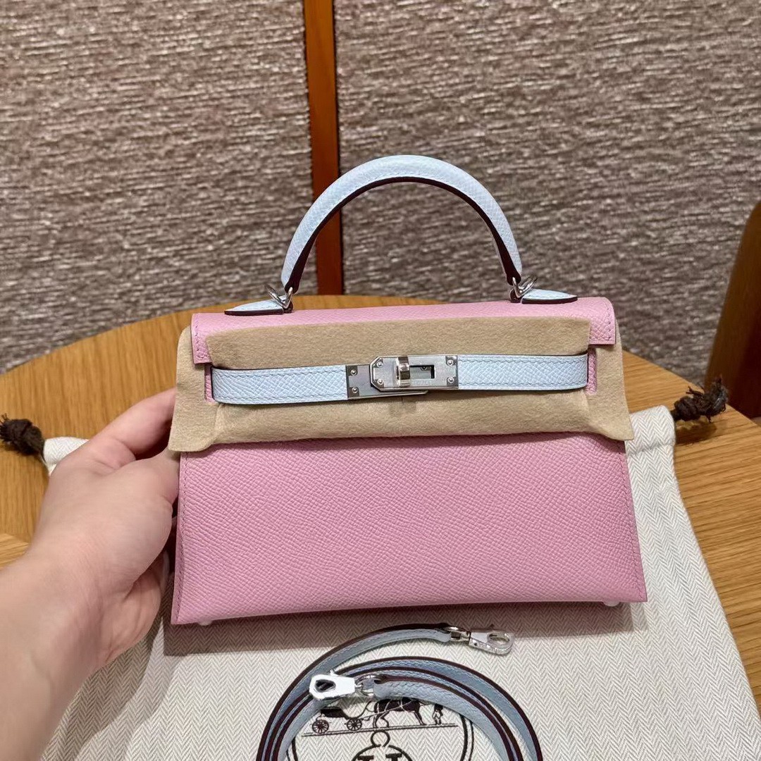 Hermes Kelly Mini 2 19 CM Bag Handmade In Epsom Calfskin Leather Silver Hardware X9 Mauve T0 Blue Brume