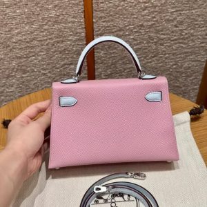 Hermes Kelly Mini 2 19 CM Bag Handmade In Epsom Calfskin Leather Silver Hardware X9 Mauve T0 Blue Brume - Image 2