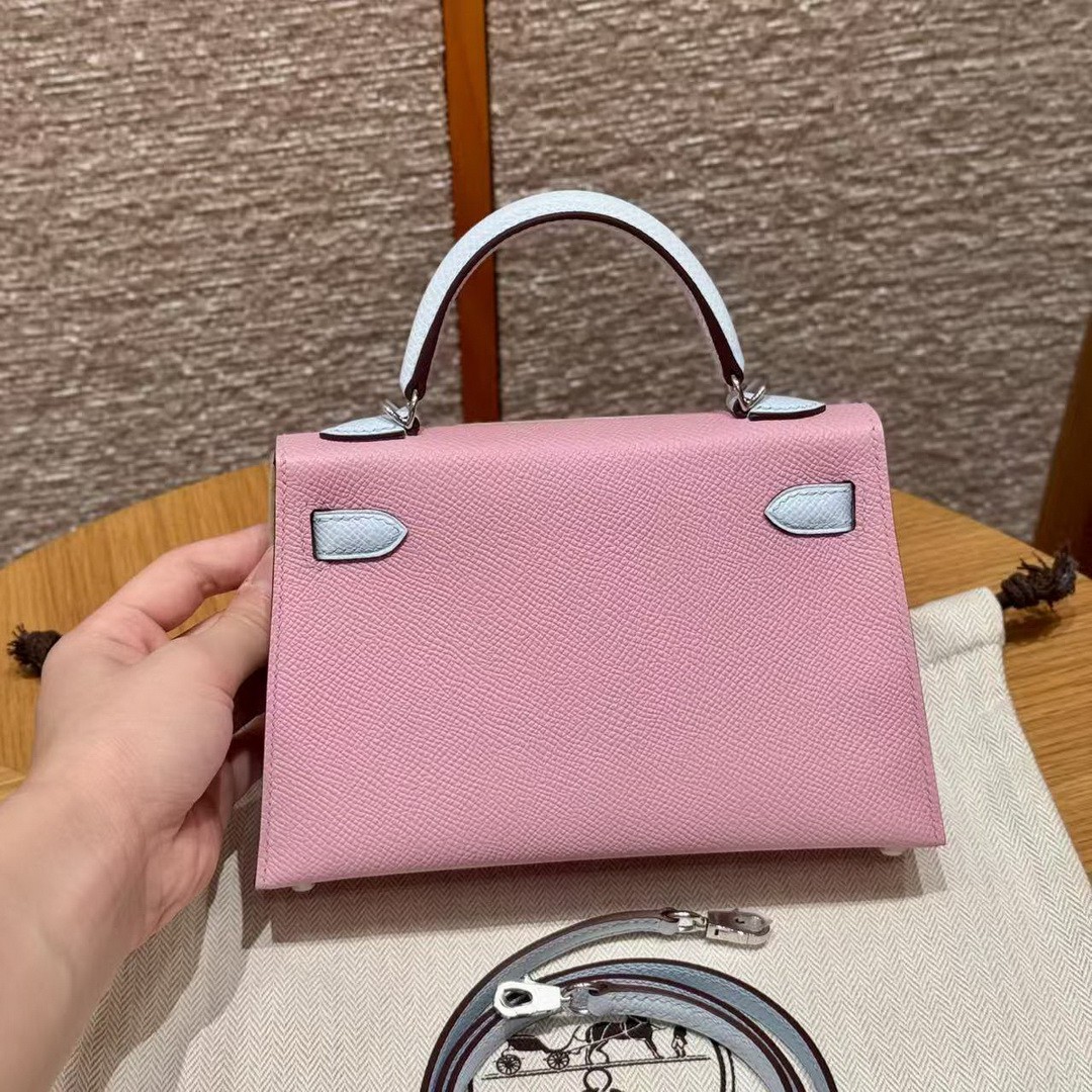 Hermes Kelly Mini 2 19 CM Bag Handmade In Epsom Calfskin Leather Silver Hardware X9 Mauve T0 Blue Brume - Image 2