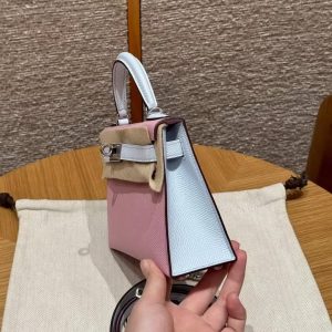 Hermes Kelly Mini 2 19 CM Bag Handmade In Epsom Calfskin Leather Silver Hardware X9 Mauve T0 Blue Brume - Image 19