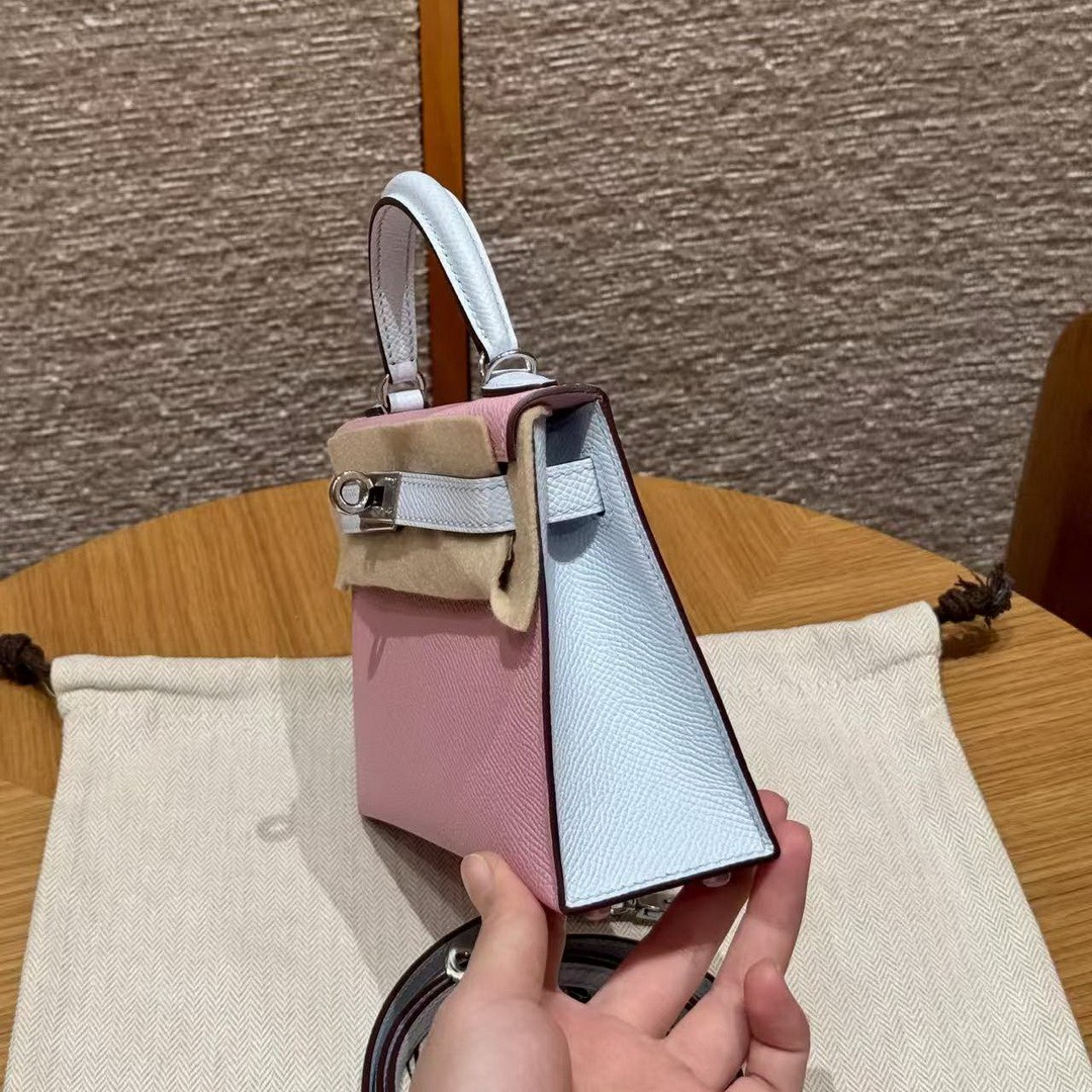 Hermes Kelly Mini 2 19 CM Bag Handmade In Epsom Calfskin Leather Silver Hardware X9 Mauve T0 Blue Brume - Image 19