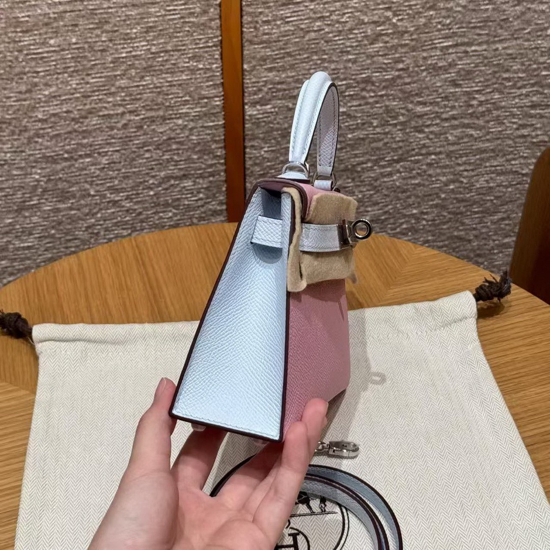 Hermes Kelly Mini 2 19 CM Bag Handmade In Epsom Calfskin Leather Silver Hardware X9 Mauve T0 Blue Brume - Image 18