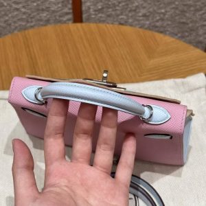 Hermes Kelly Mini 2 19 CM Bag Handmade In Epsom Calfskin Leather Silver Hardware X9 Mauve T0 Blue Brume - Image 16