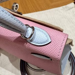 Hermes Kelly Mini 2 19 CM Bag Handmade In Epsom Calfskin Leather Silver Hardware X9 Mauve T0 Blue Brume - Image 15