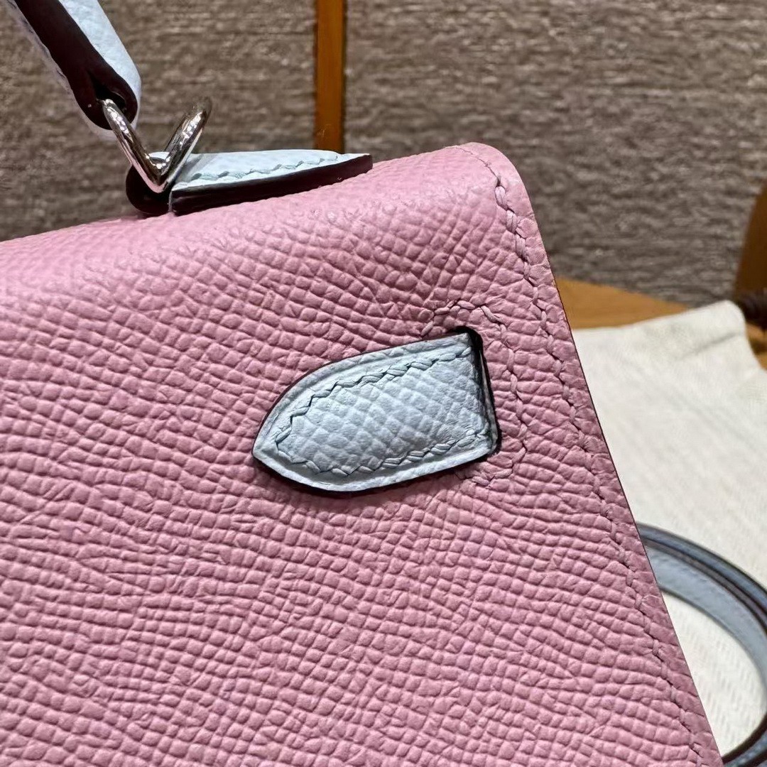 Hermes Kelly Mini 2 19 CM Bag Handmade In Epsom Calfskin Leather Silver Hardware X9 Mauve T0 Blue Brume - Image 14