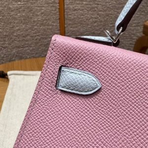 Hermes Kelly Mini 2 19 CM Bag Handmade In Epsom Calfskin Leather Silver Hardware X9 Mauve T0 Blue Brume - Image 13