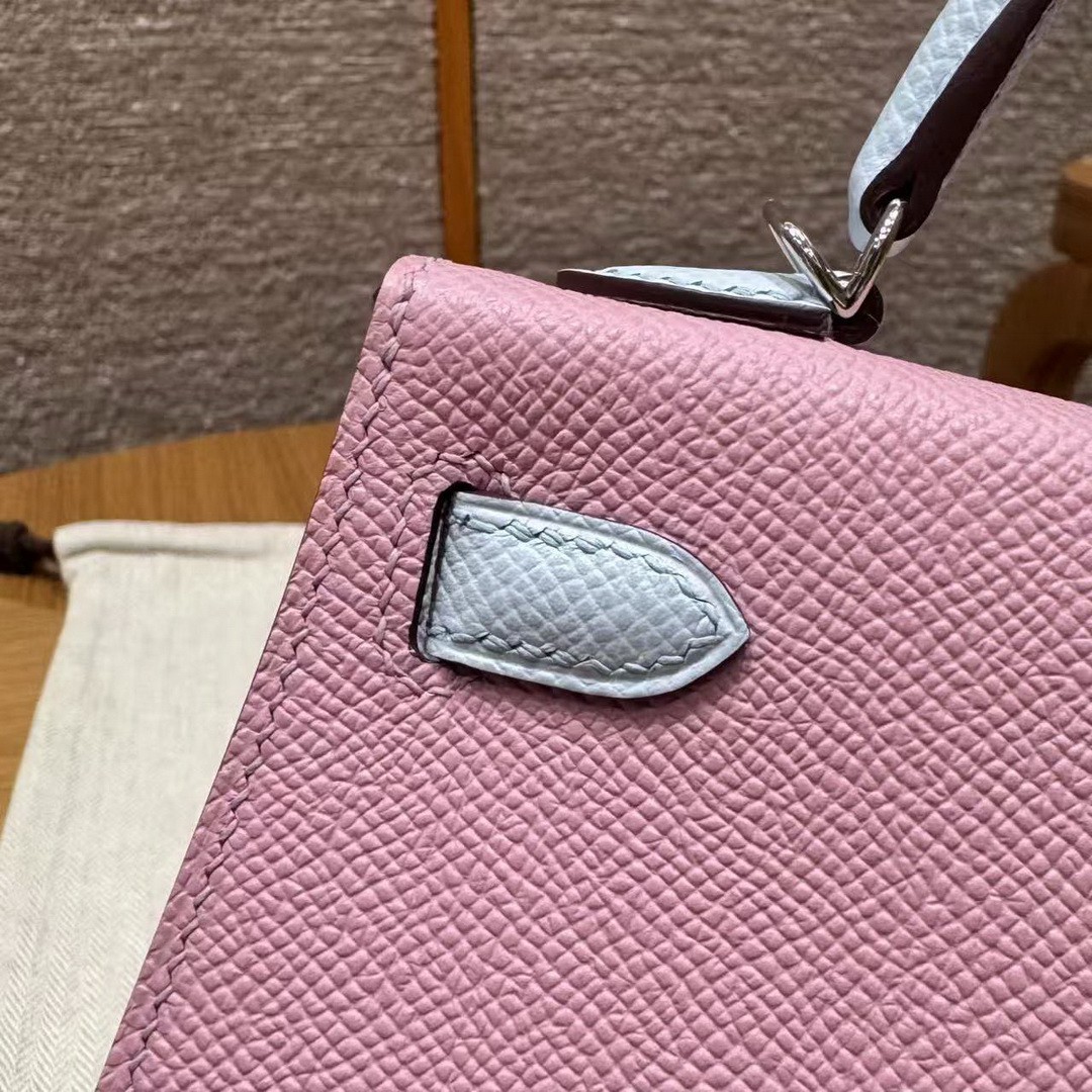 Hermes Kelly Mini 2 19 CM Bag Handmade In Epsom Calfskin Leather Silver Hardware X9 Mauve T0 Blue Brume - Image 13