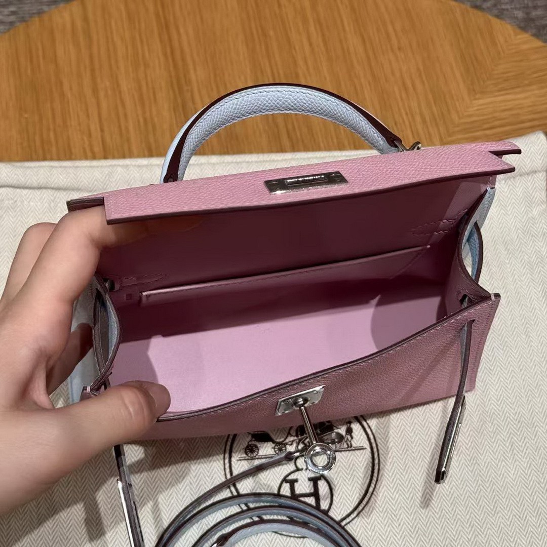 Hermes Kelly Mini 2 19 CM Bag Handmade In Epsom Calfskin Leather Silver Hardware X9 Mauve T0 Blue Brume - Image 5
