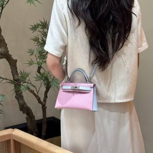 Hermes Kelly Mini 2 19 CM Bag Handmade In Epsom Calfskin Leather Silver Hardware X9 Mauve T0 Blue Brume - Image 4