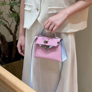 Hermes Kelly Mini 2 19 CM Bag Handmade In Epsom Calfskin Leather Silver Hardware X9 Mauve T0 Blue Brume - Image 3