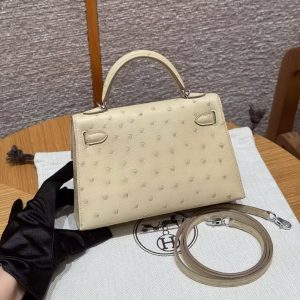Hermes Kelly Mini 2 19 CM Bag Handmade In KK Ostrich Leather from South Africa Silver Hardware Y1 Vanille - Image 2