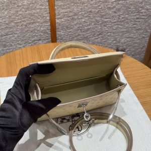 Hermes Kelly Mini 2 19 CM Bag Handmade In KK Ostrich Leather from South Africa Silver Hardware Y1 Vanille - Image 17
