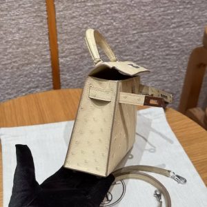 Hermes Kelly Mini 2 19 CM Bag Handmade In KK Ostrich Leather from South Africa Silver Hardware Y1 Vanille - Image 12