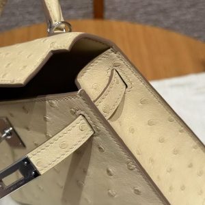 Hermes Kelly Mini 2 19 CM Bag Handmade In KK Ostrich Leather from South Africa Silver Hardware Y1 Vanille - Image 10