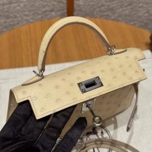 Hermes Kelly Mini 2 19 CM Bag Handmade In KK Ostrich Leather from South Africa Silver Hardware Y1 Vanille - Image 9