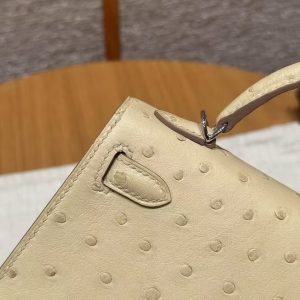 Hermes Kelly Mini 2 19 CM Bag Handmade In KK Ostrich Leather from South Africa Silver Hardware Y1 Vanille - Image 6