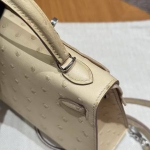Hermes Kelly Mini 2 19 CM Bag Handmade In KK Ostrich Leather from South Africa Silver Hardware Y1 Vanille - Image 5