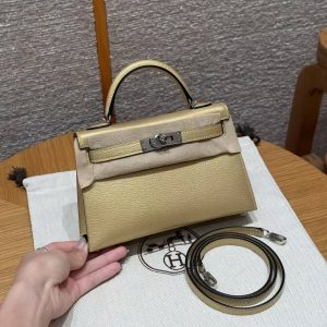 Hermes Kelly Mini 2 19 CM Bag Handmade In Chèvre Calfskin Leather Silver Hardware Y9 Dorè
