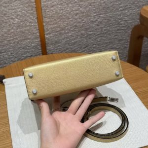 Hermes Kelly Mini 2 19 CM Bag Handmade In Chèvre Calfskin Leather Silver Hardware Y9 Dorè - Image 22