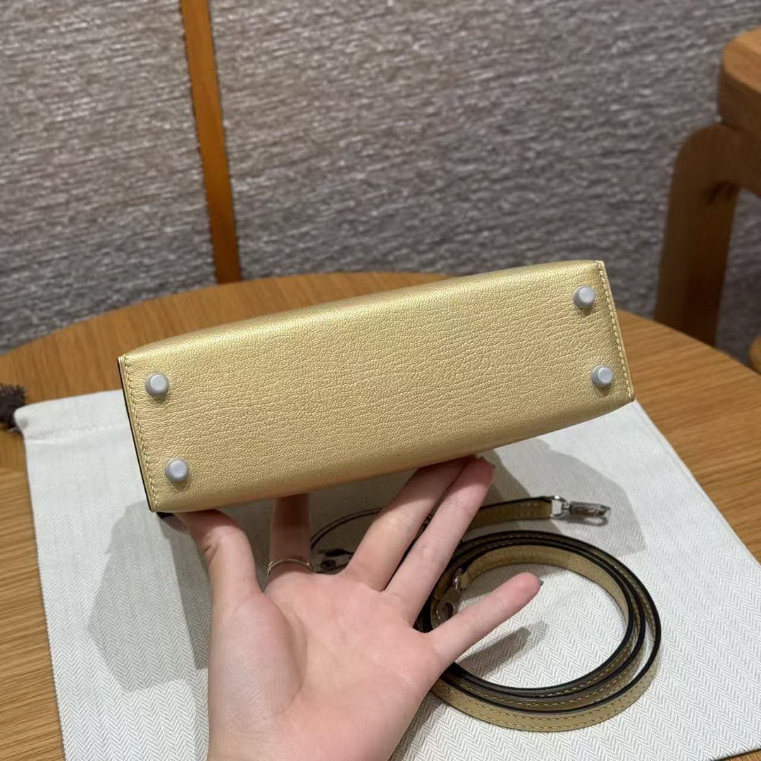 Hermes Kelly Mini 2 19 CM Bag Handmade In Chèvre Calfskin Leather Silver Hardware Y9 Dorè - Image 22