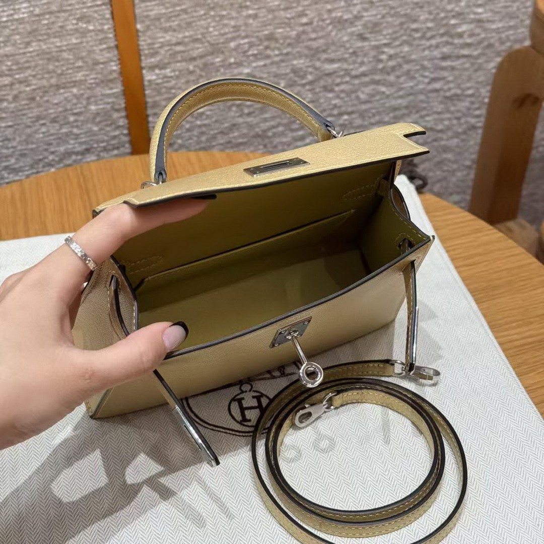 Hermes Kelly Mini 2 19 CM Bag Handmade In Chèvre Calfskin Leather Silver Hardware Y9 Dorè - Image 19