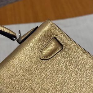 Hermes Kelly Mini 2 19 CM Bag Handmade In Chèvre Calfskin Leather Silver Hardware Y9 Dorè - Image 17