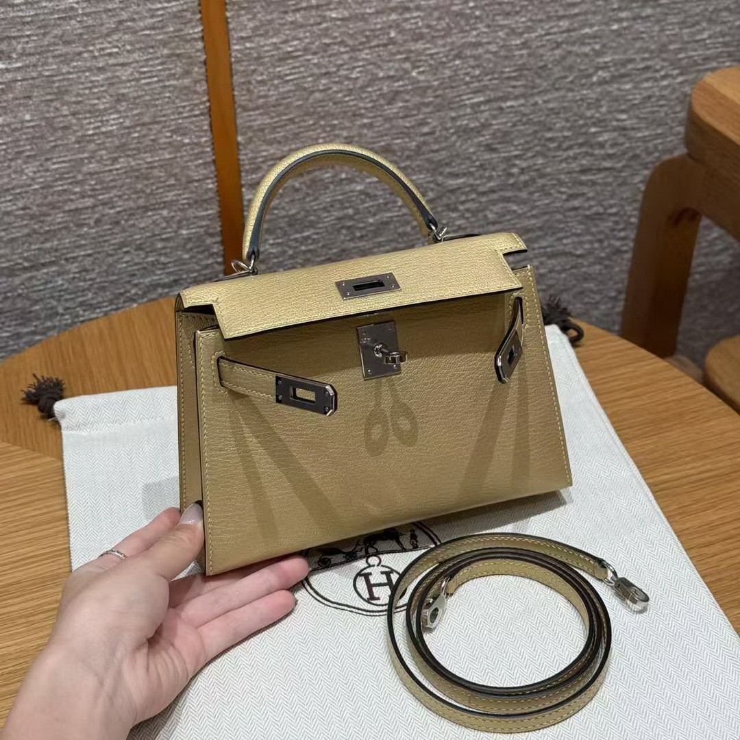 Hermes Kelly Mini 2 19 CM Bag Handmade In Chèvre Calfskin Leather Silver Hardware Y9 Dorè - Image 16