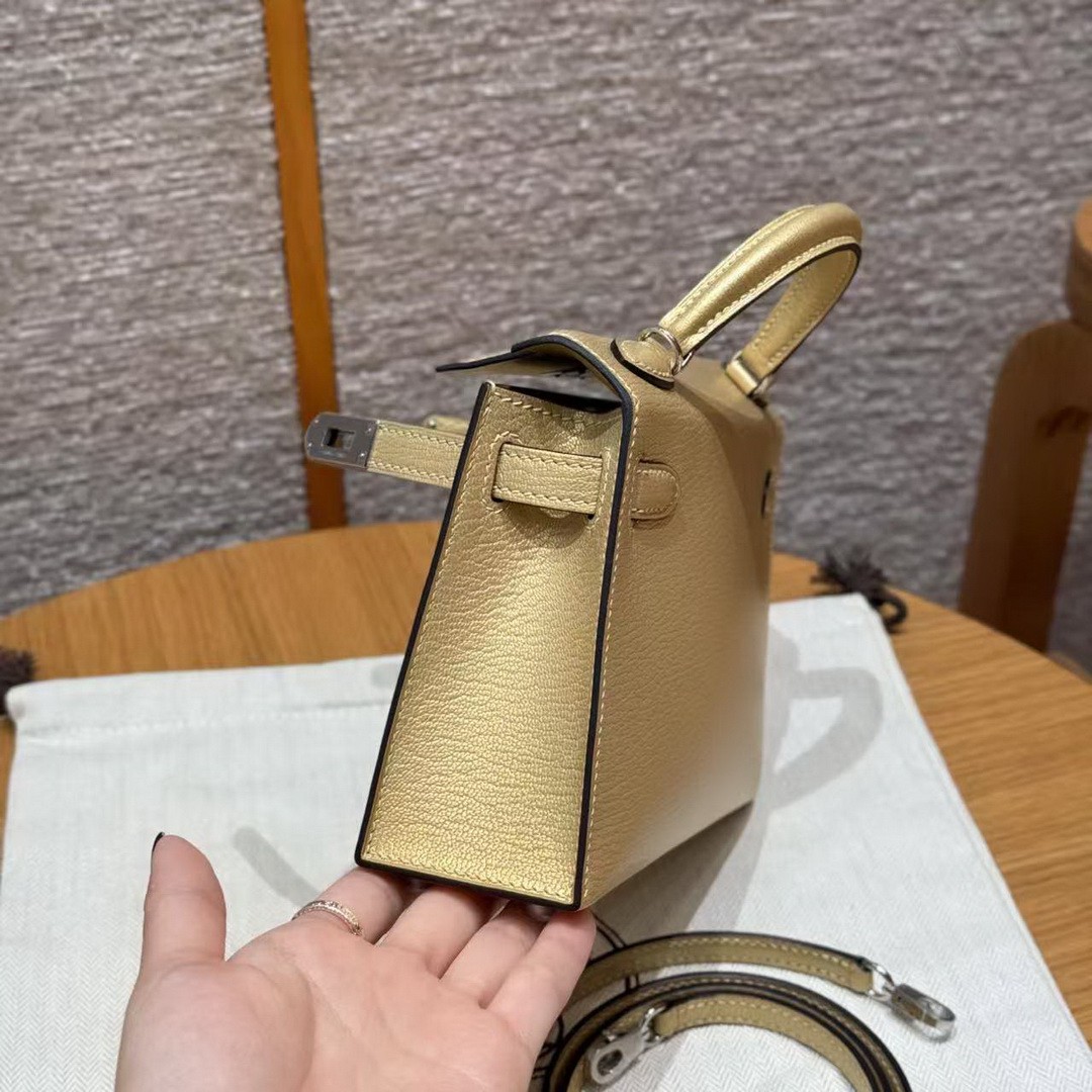 Hermes Kelly Mini 2 19 CM Bag Handmade In Chèvre Calfskin Leather Silver Hardware Y9 Dorè - Image 14