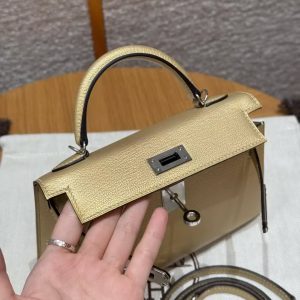 Hermes Kelly Mini 2 19 CM Bag Handmade In Chèvre Calfskin Leather Silver Hardware Y9 Dorè - Image 13