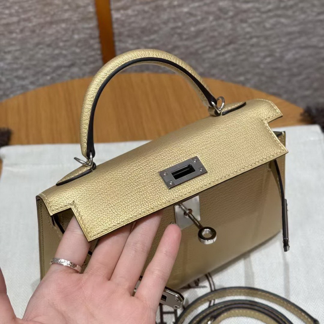 Hermes Kelly Mini 2 19 CM Bag Handmade In Chèvre Calfskin Leather Silver Hardware Y9 Dorè - Image 13
