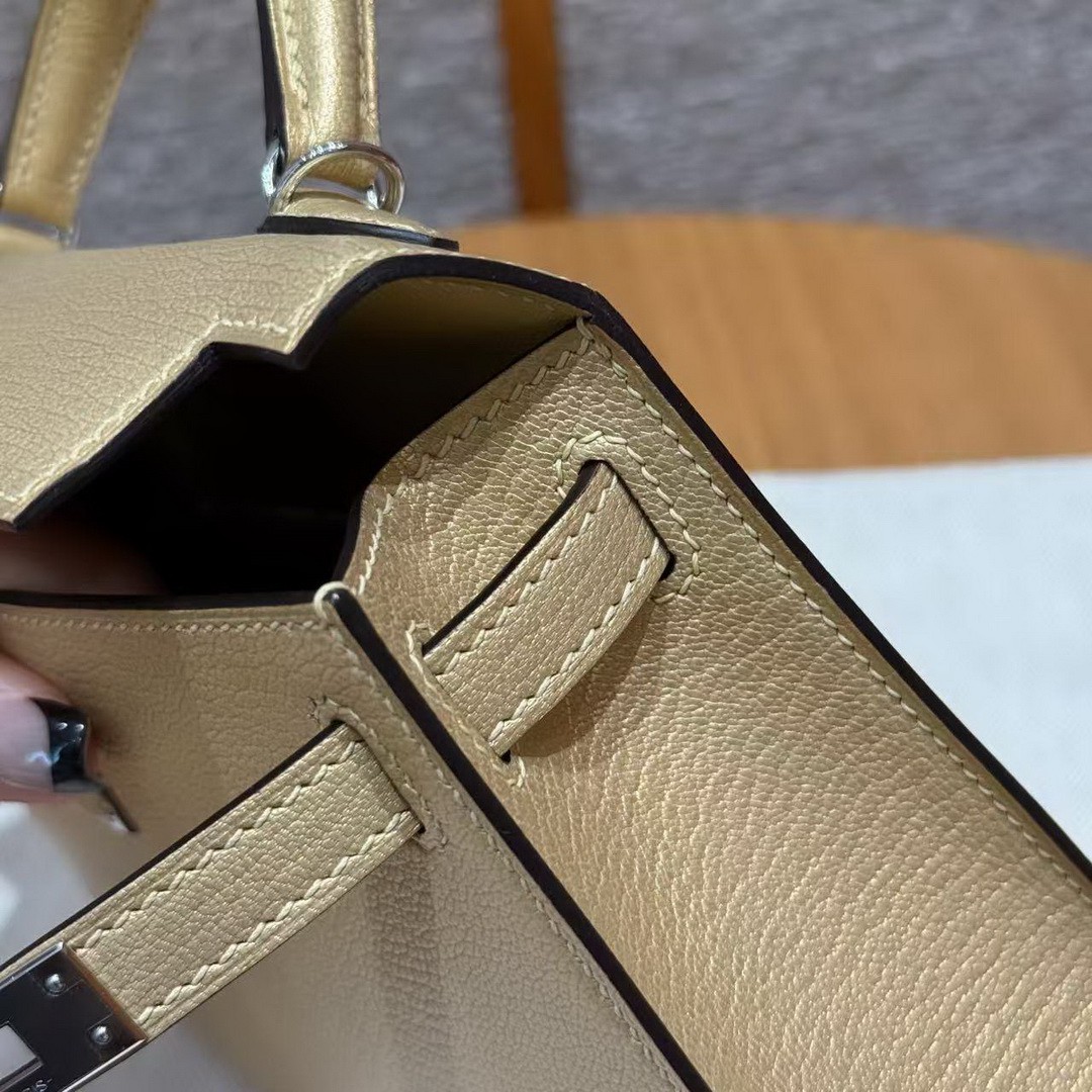 Hermes Kelly Mini 2 19 CM Bag Handmade In Chèvre Calfskin Leather Silver Hardware Y9 Dorè - Image 11