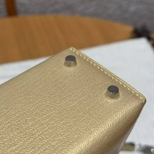 Hermes Kelly Mini 2 19 CM Bag Handmade In Chèvre Calfskin Leather Silver Hardware Y9 Dorè - Image 9