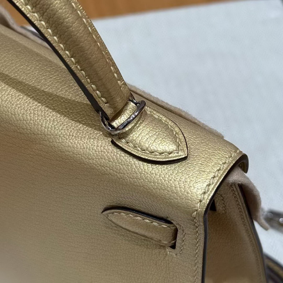 Hermes Kelly Mini 2 19 CM Bag Handmade In Chèvre Calfskin Leather Silver Hardware Y9 Dorè - Image 6