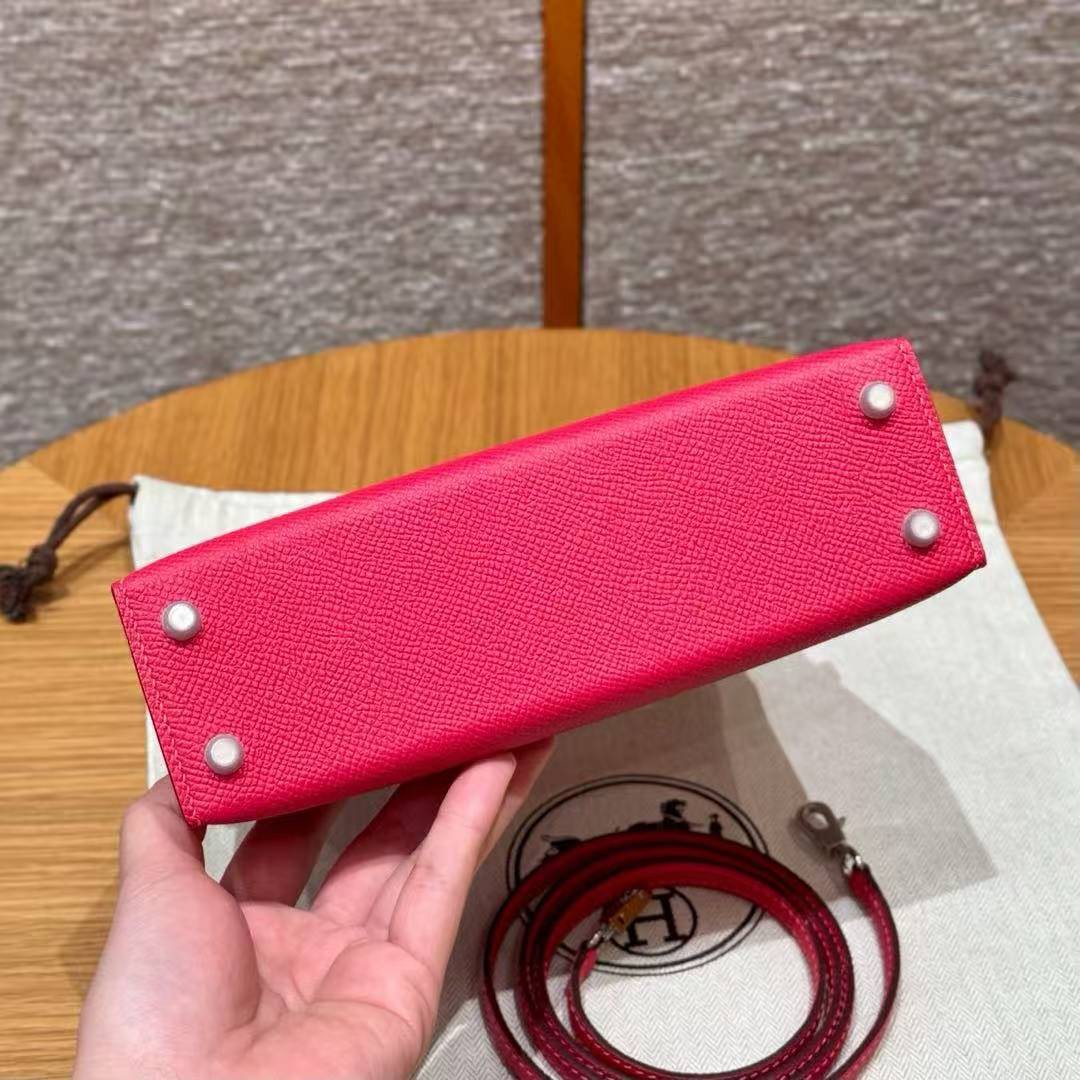 Hermes Kelly Mini 2 19 CM Bag Handmade In Epsom Calfskin Leather Silver Hardware i6 Rose Extreme - Image 16