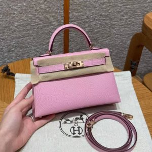 Hermes Kelly Mini 2 19 CM Bag Handmade In Epsom Calfskin Leather Silver Hardware x9 Mauve 2P Cumin