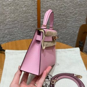 Hermes Kelly Mini 2 19 CM Bag Handmade In Epsom Calfskin Leather Silver Hardware x9 Mauve 2P Cumin - Image 23