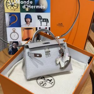 Hermes Kelly Mini 2 19CM Bag Handmade In Chèvre Calfskin Leather Silver Hardware 05 Argent - Image 2