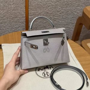 Hermes Kelly Mini 2 19CM Bag Handmade In Chèvre Calfskin Leather Silver Hardware 05 Argent - Image 20
