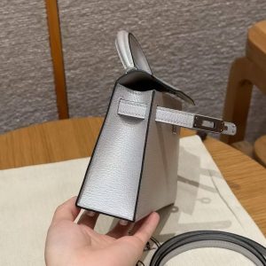 Hermes Kelly Mini 2 19CM Bag Handmade In Chèvre Calfskin Leather Silver Hardware 05 Argent - Image 19