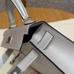 Hermes Kelly Mini 2 19CM Bag Handmade In Chèvre Calfskin Leather Silver Hardware 05 Argent - Image 18