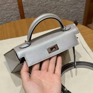 Hermes Kelly Mini 2 19CM Bag Handmade In Chèvre Calfskin Leather Silver Hardware 05 Argent - Image 17