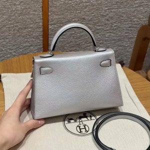 Hermes Kelly Mini 2 19CM Bag Handmade In Chèvre Calfskin Leather Silver Hardware 05 Argent - Image 12