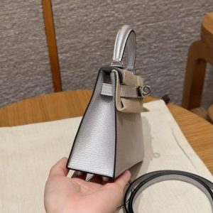 Hermes Kelly Mini 2 19CM Bag Handmade In Chèvre Calfskin Leather Silver Hardware 05 Argent - Image 11
