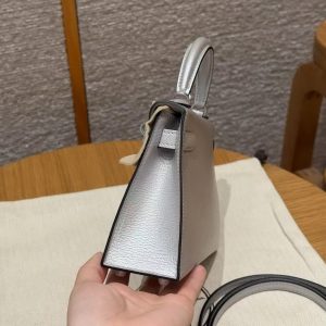 Hermes Kelly Mini 2 19CM Bag Handmade In Chèvre Calfskin Leather Silver Hardware 05 Argent - Image 10