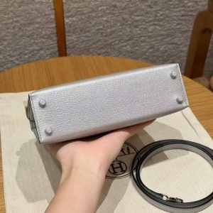 Hermes Kelly Mini 2 19CM Bag Handmade In Chèvre Calfskin Leather Silver Hardware 05 Argent - Image 9