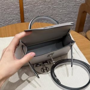 Hermes Kelly Mini 2 19CM Bag Handmade In Chèvre Calfskin Leather Silver Hardware 05 Argent - Image 8