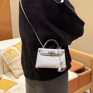 Hermes Kelly Mini 2 19CM Bag Handmade In Chèvre Calfskin Leather Silver Hardware 05 Argent - Image 4