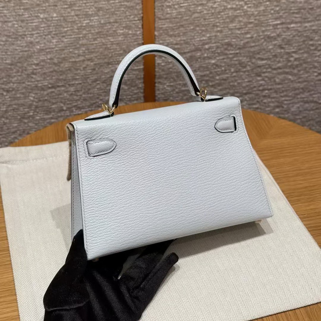 Hermes Kelly Mini 2 19CM Bag Handmade In Chèvre Calfskin Leather Gold Hardware 08 Blue Pale - Image 2