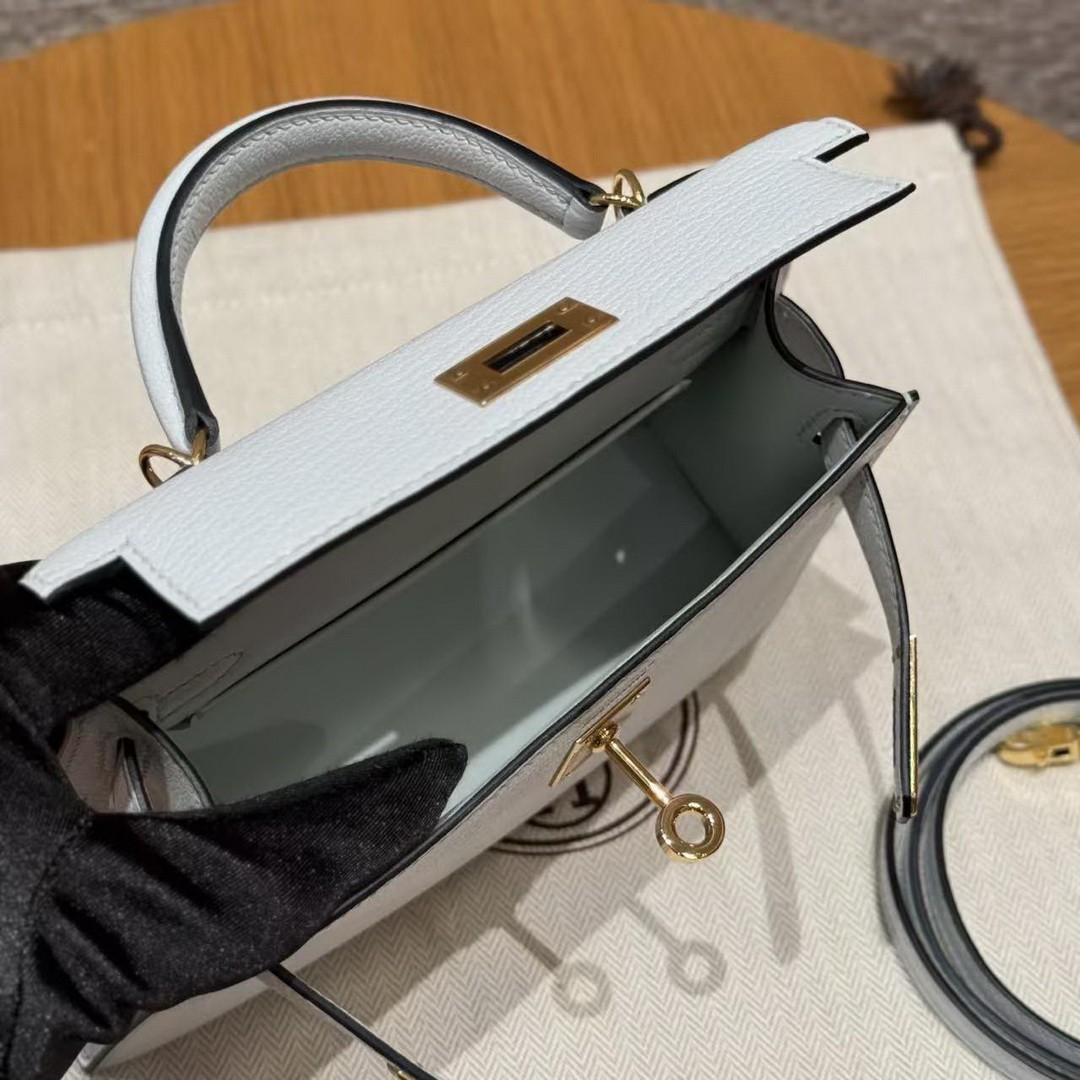 Hermes Kelly Mini 2 19CM Bag Handmade In Chèvre Calfskin Leather Gold Hardware 08 Blue Pale - Image 17